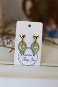 Gold plated heart stud with gold foil tear drop dangle earrings