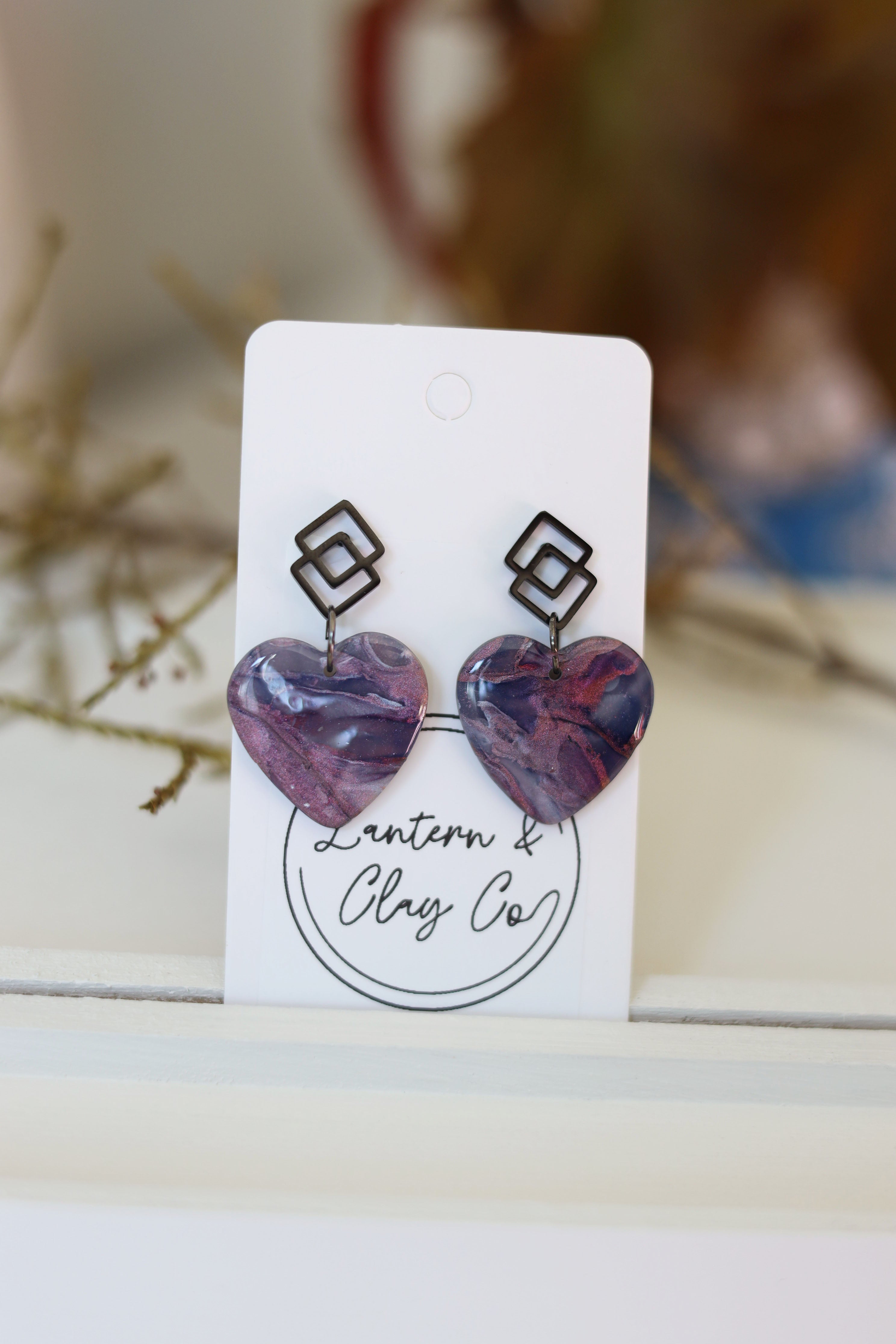 Purple and pink heart dangle earrings