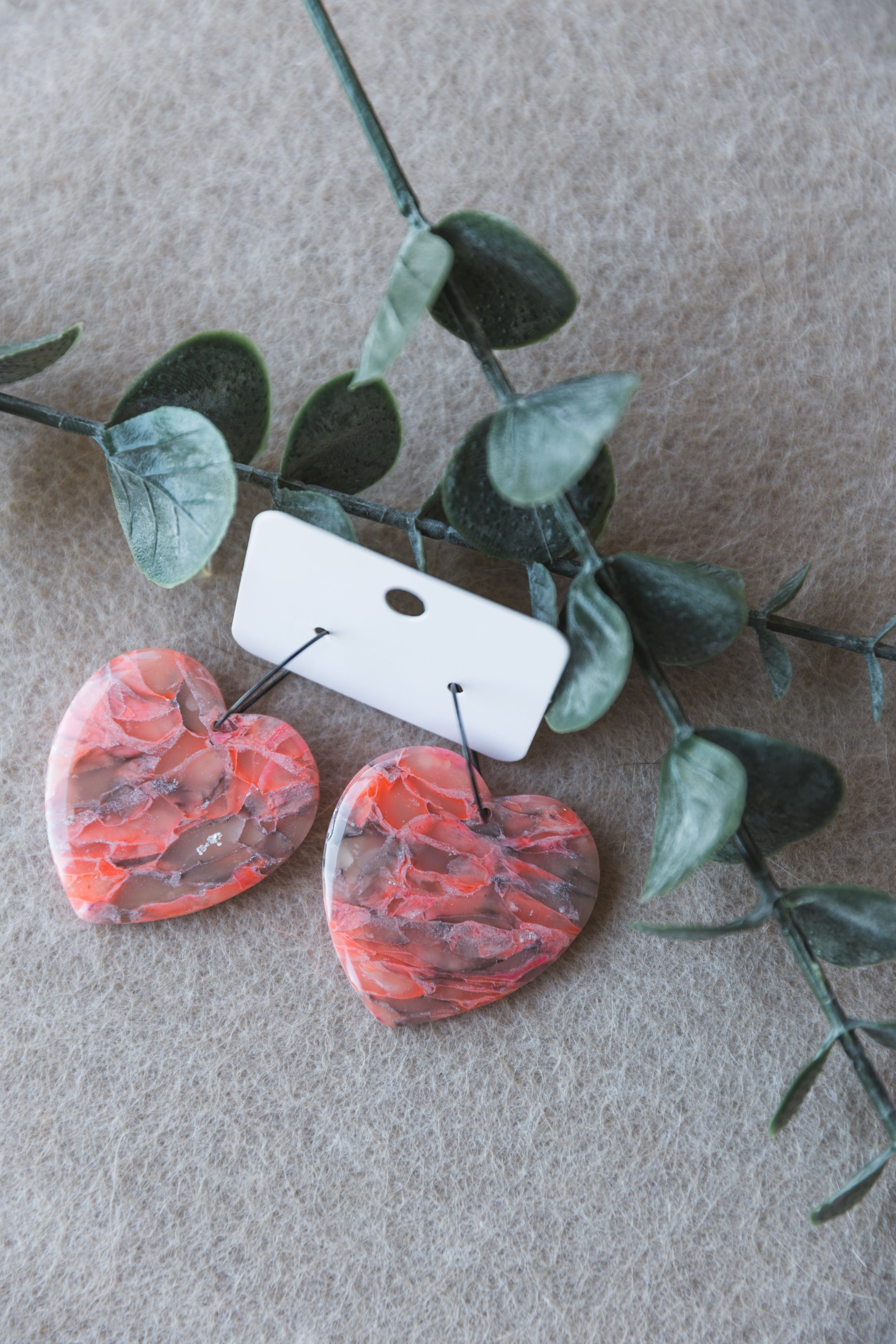 Pink and grey faux stone big heart hoop earrings