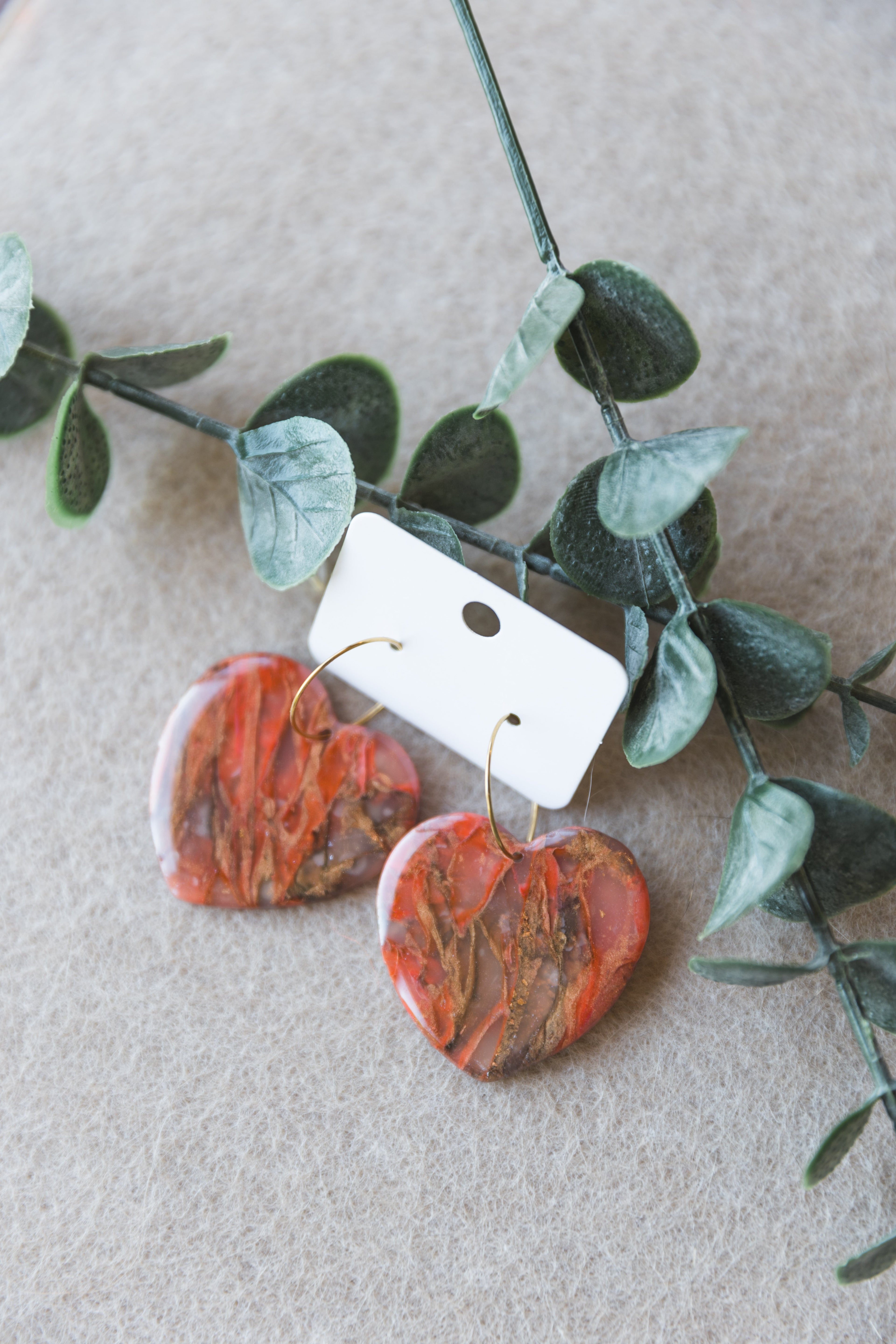 Red & grey faux stone big heart hoop earrings