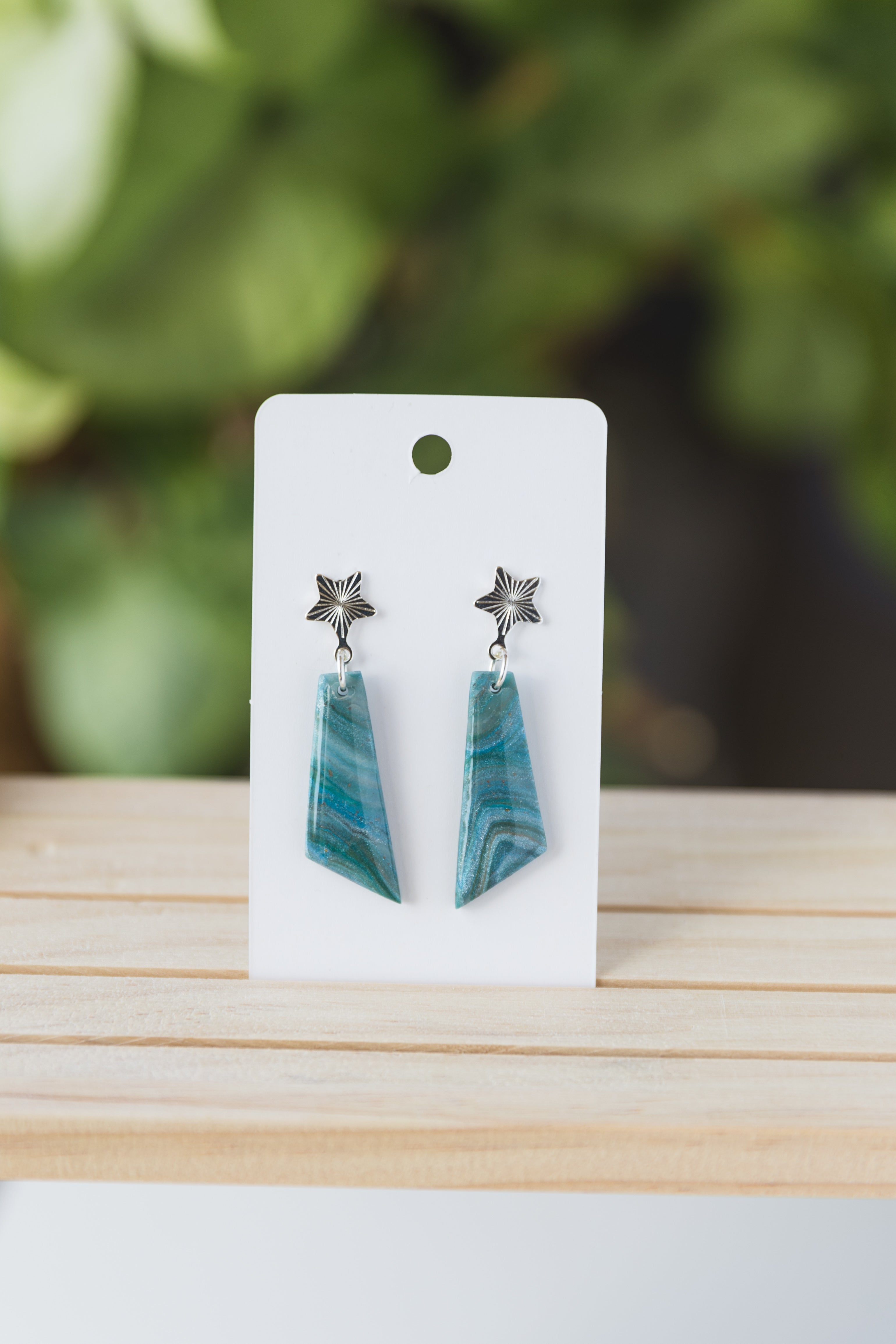 Star stud with blue faux stone dangle earrings