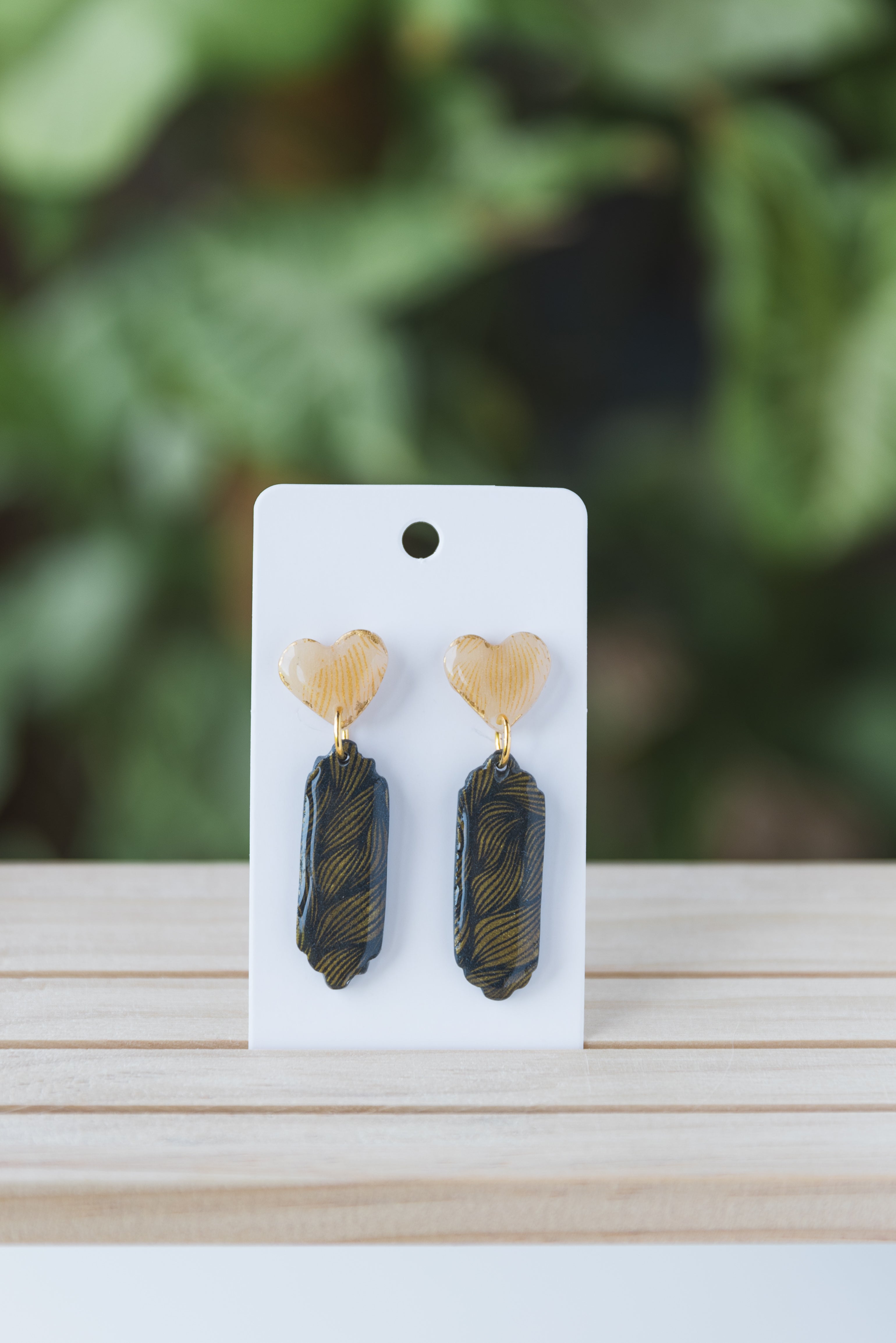 Yellow with gold printed on black dangle earrings