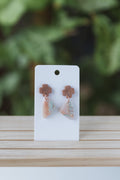 Flower stud with blue, peach & gold flecks faux stone dangle earrings