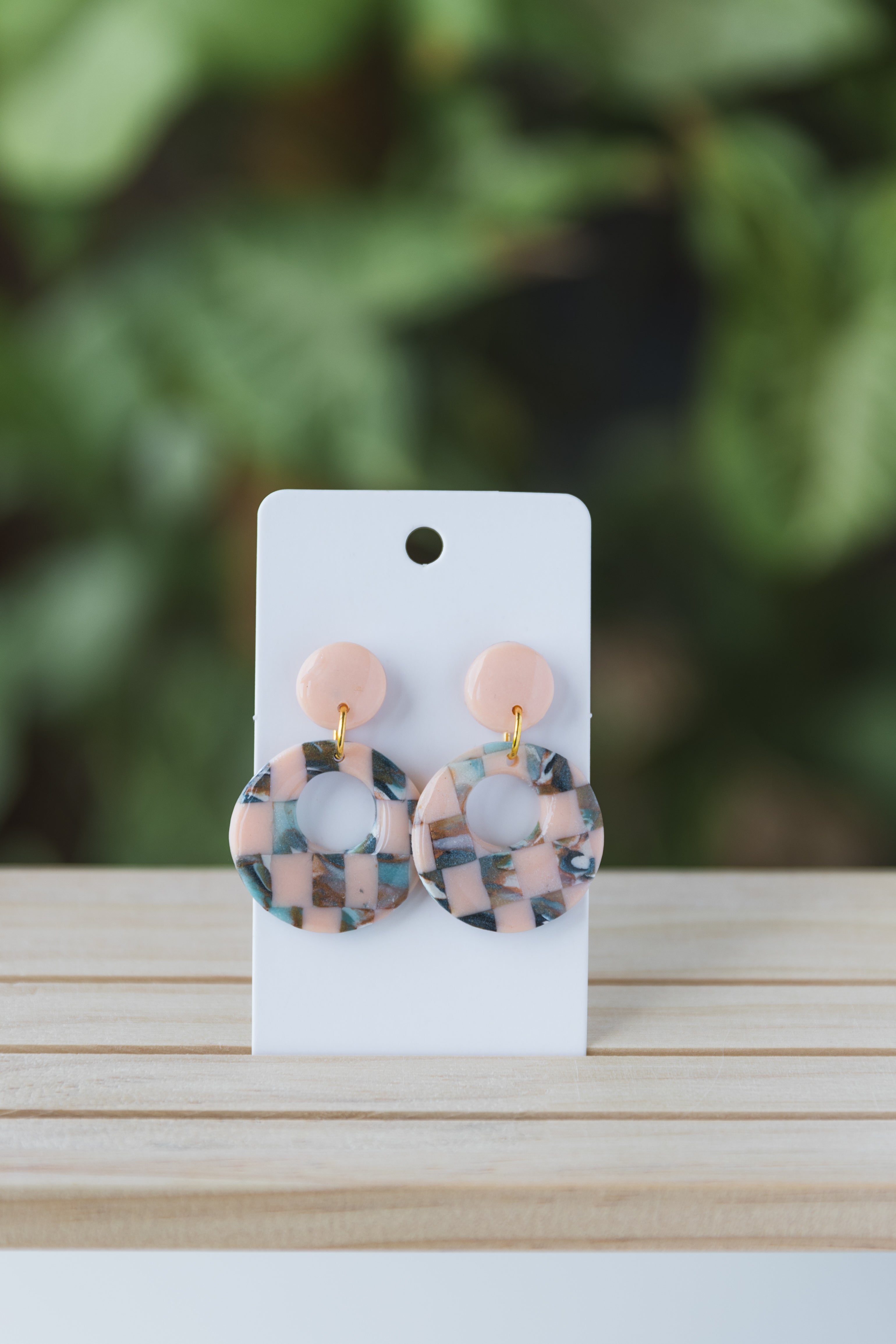 Pale peach chequered dangle earrings