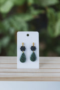 Green with black leaf print & black flower stud dangle earrings