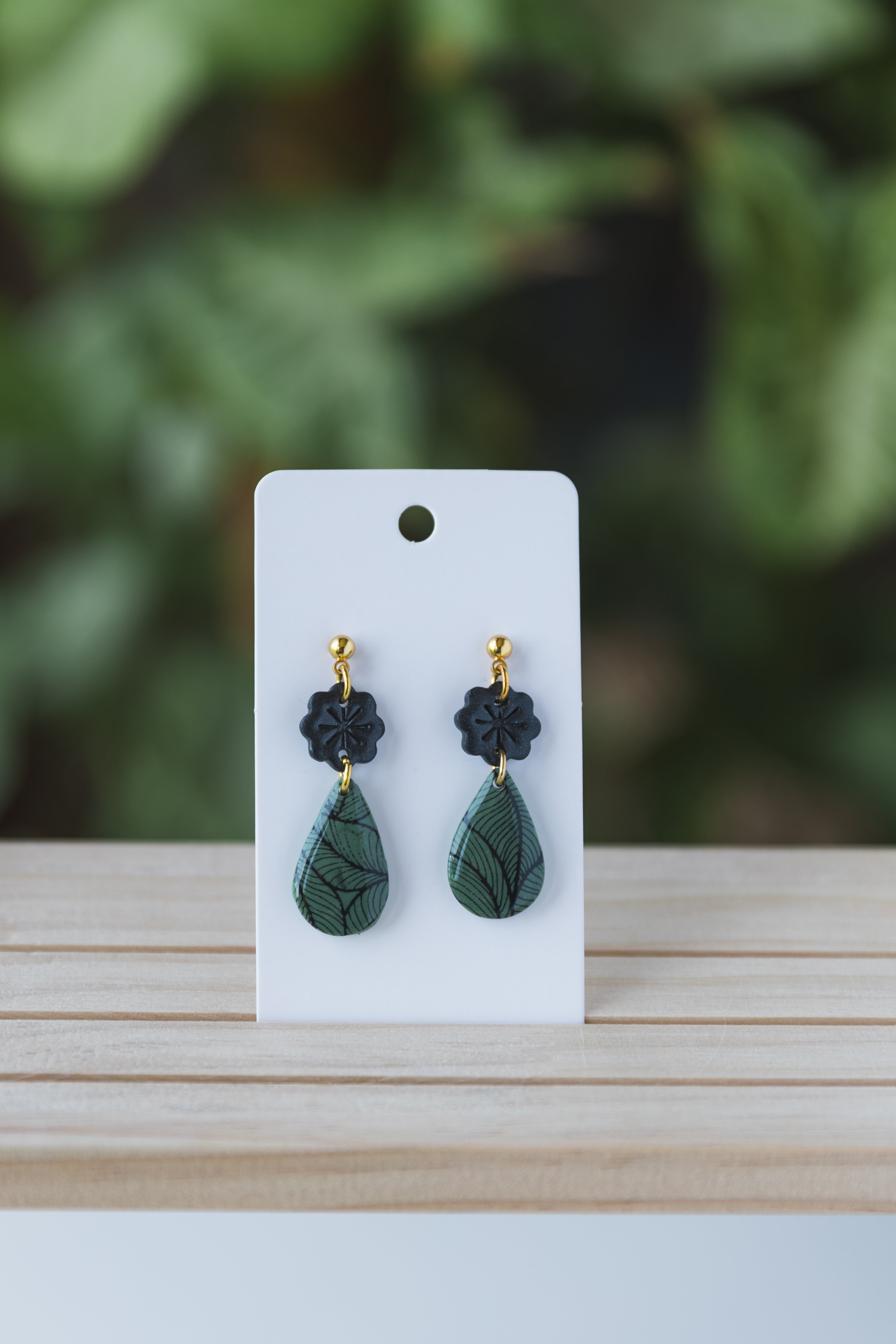 Green with black leaf print & black flower stud dangle earrings