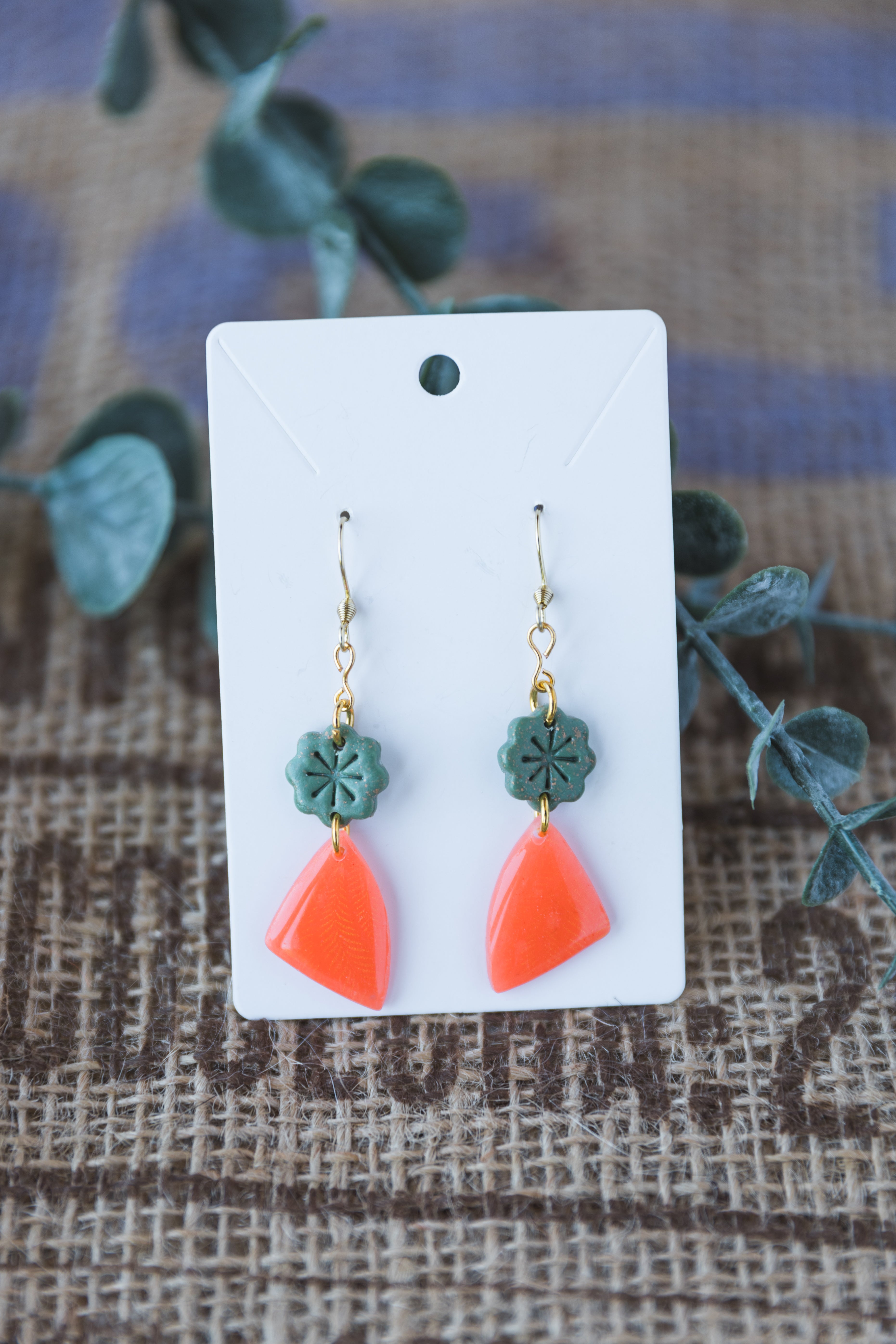 Coral & green dangle earrings