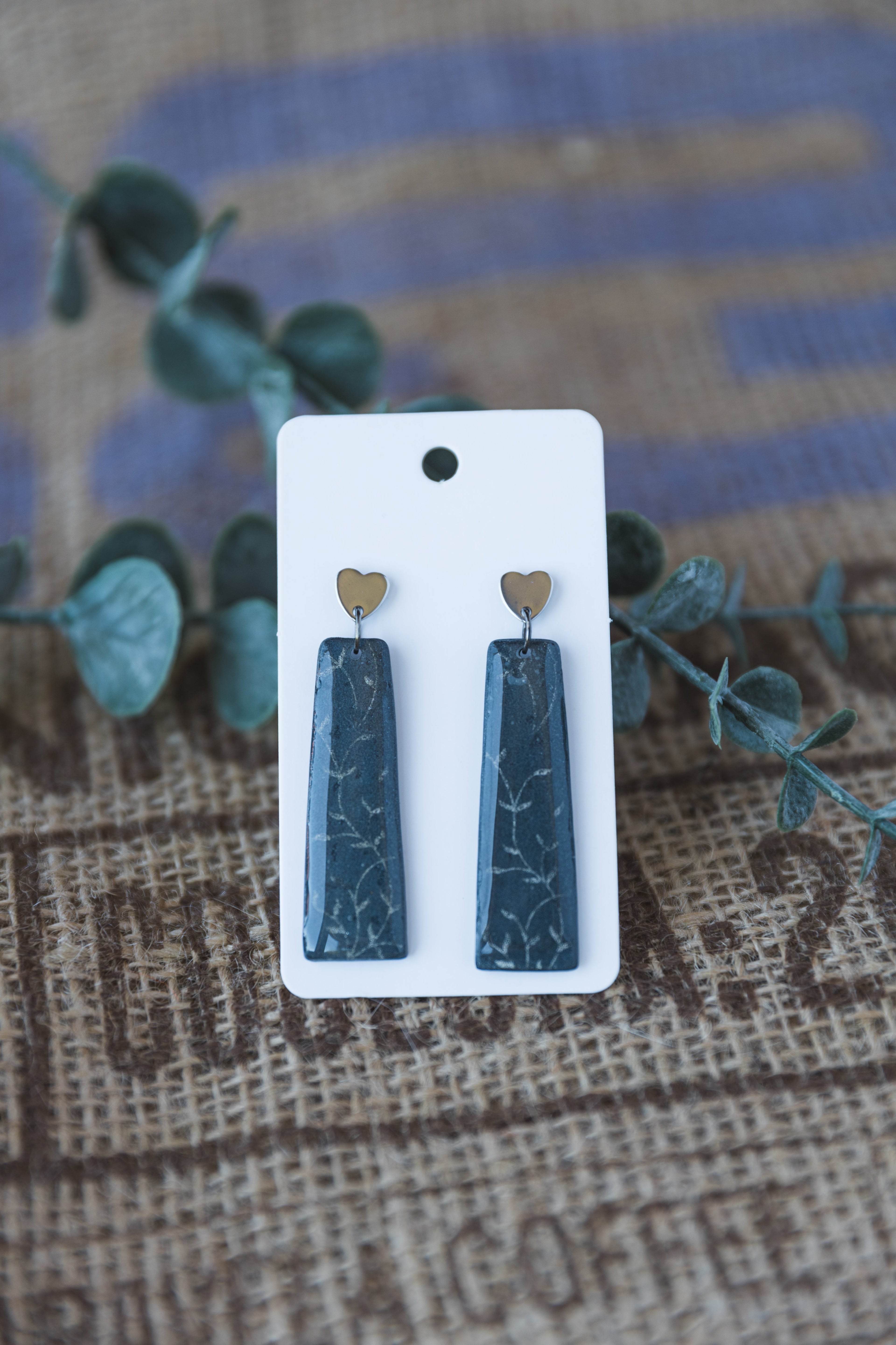 Grey printed leaf dangle earrings