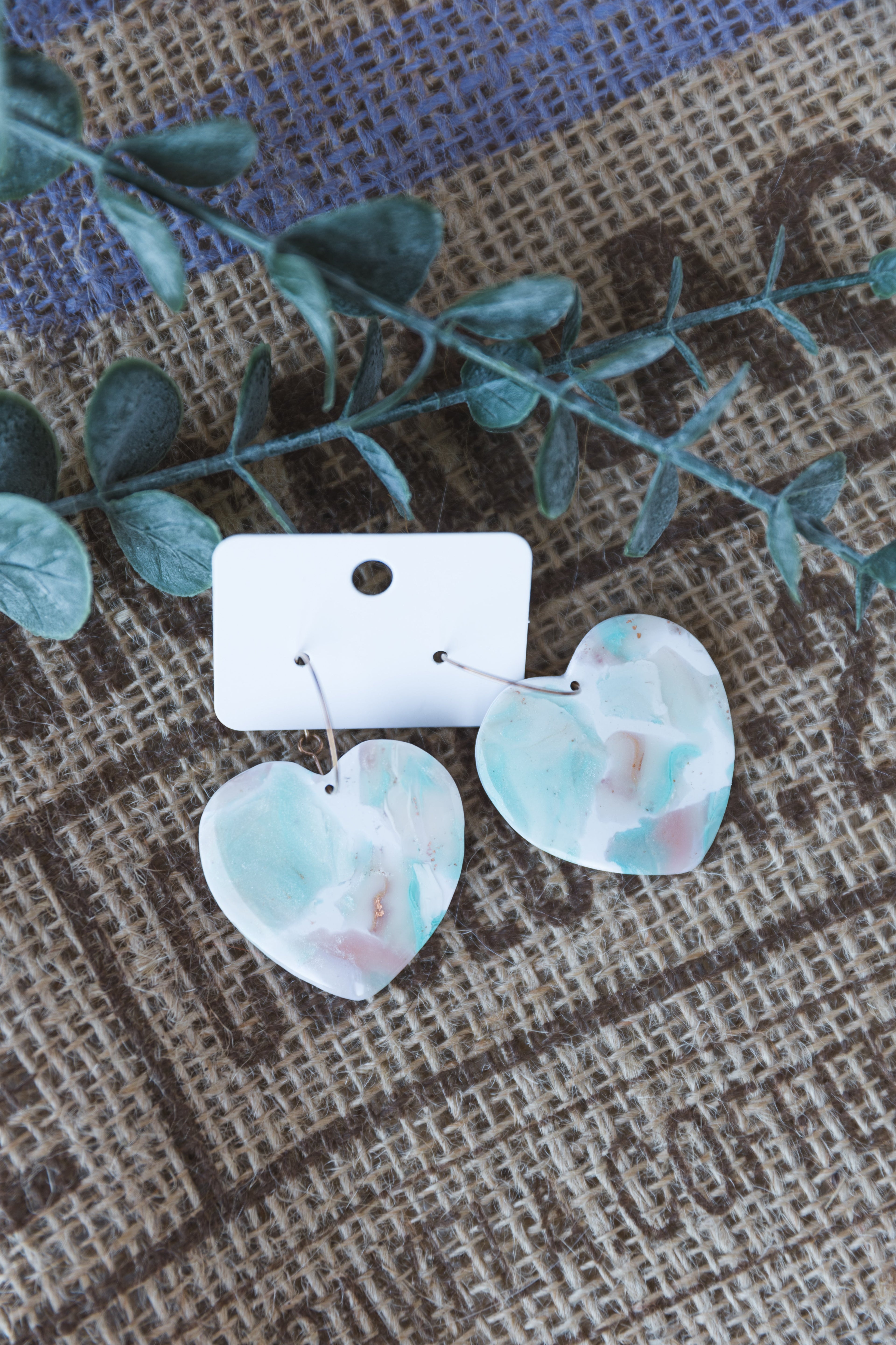 White & blue big heart hoop earrings