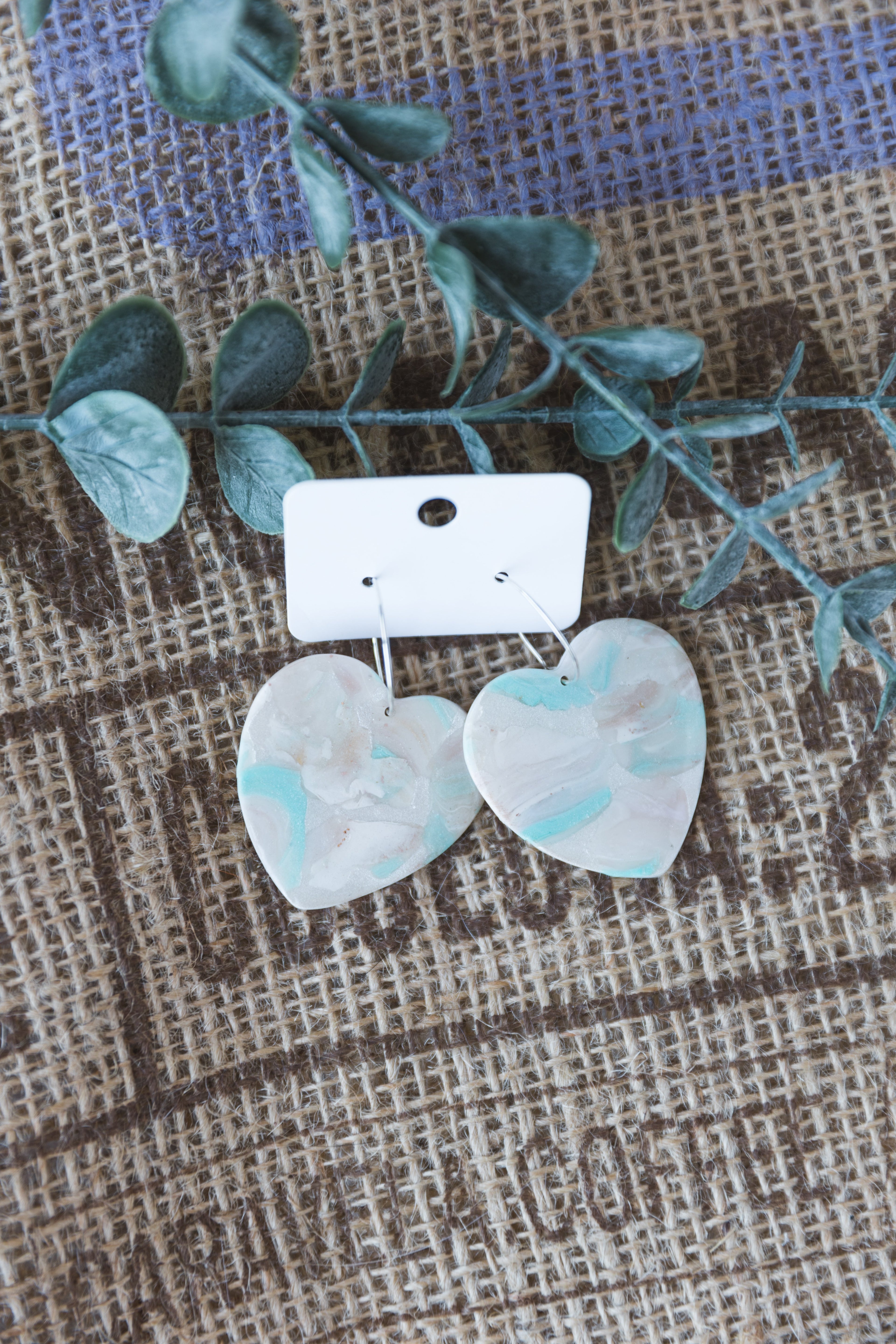 Pearl & blue big heart hoop earrings